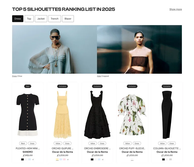 Home page: the Silhouettes section with rank chips over a card grid