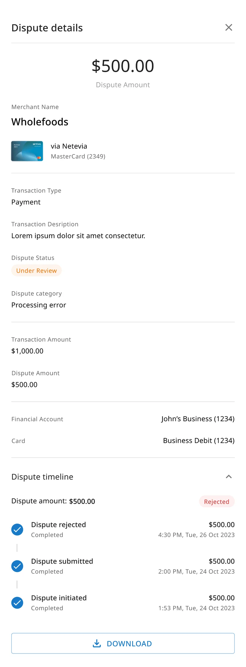 Dispute details panel with the amount, merchant, status and a timestamped dispute timeline