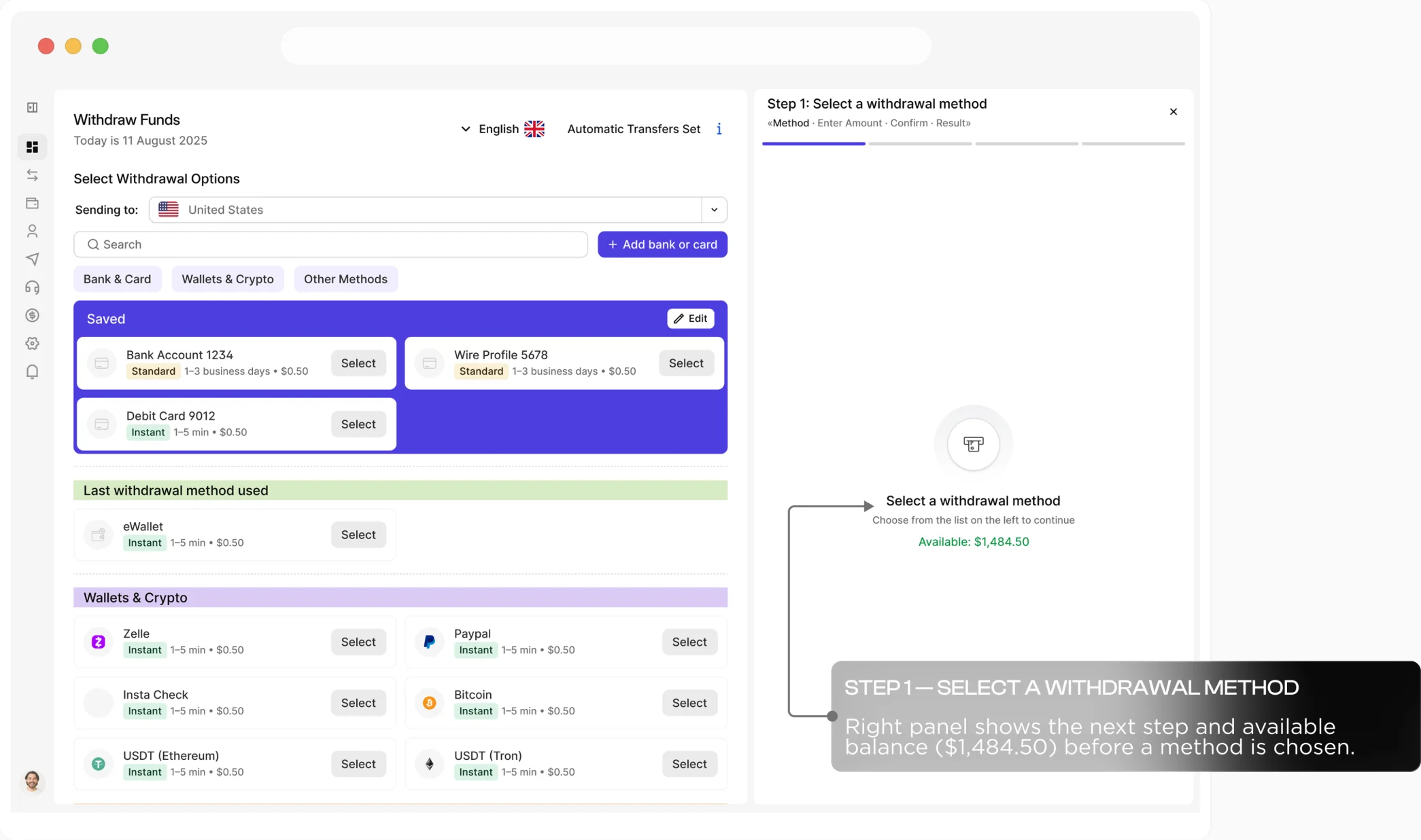 Step 1 — select a withdrawal method; the right panel shows the next step and available balance
